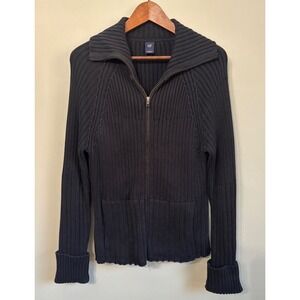 GAP Womens Sweater L Ribbed Full Zip Collared Cardigan Jacket Cotton